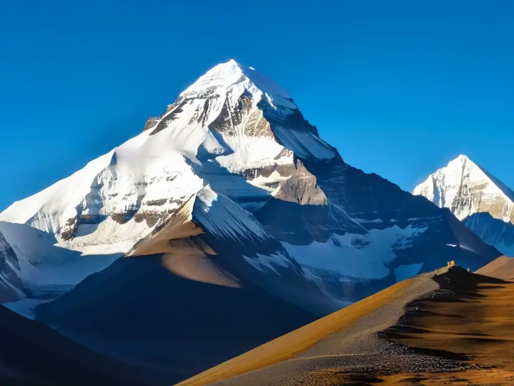 Secretos del Monte Kailash: Vista aérea majestuosa con la montaña iluminada por el sol, orlada de nubes y banderas de oración