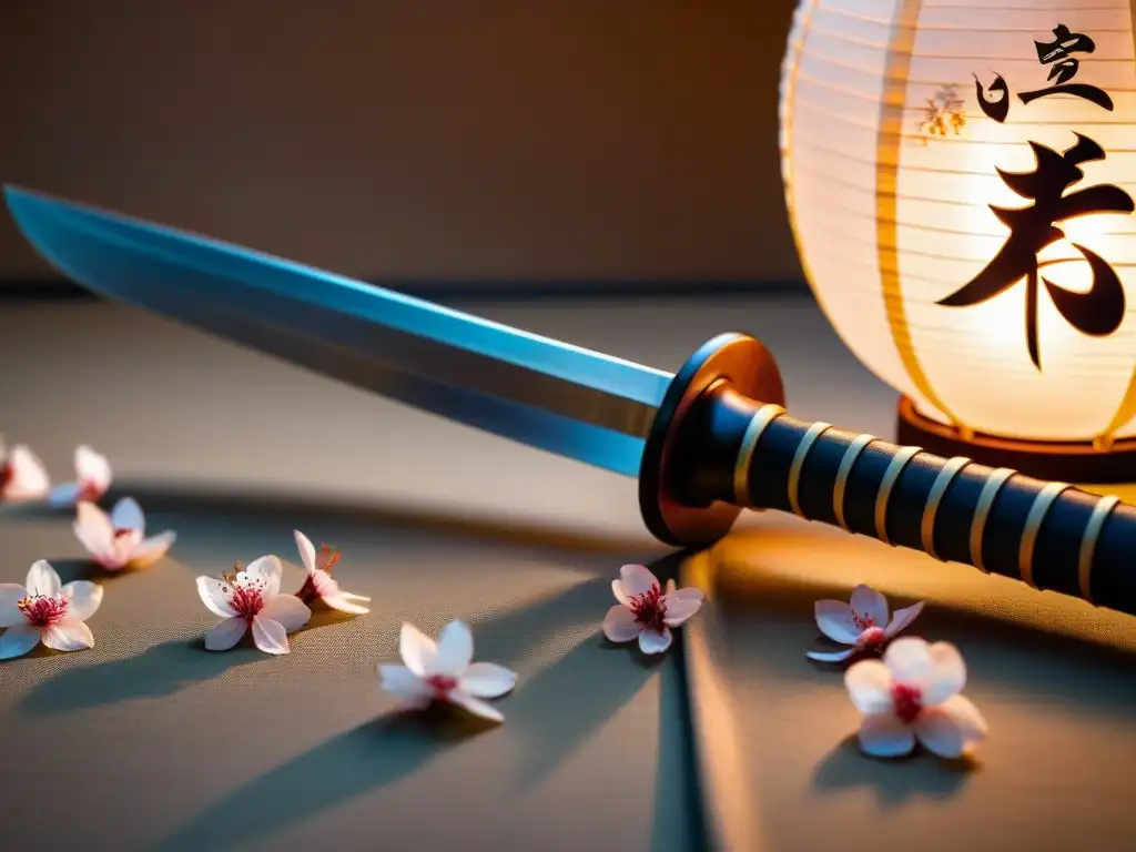 Espada ninjato en dojo japonés con cerezos en flor Secretos de los rituales ninjas: Un ninjato descansa sobre pétalos de cerezo en un doyo japonés, iluminado por una linterna de papel