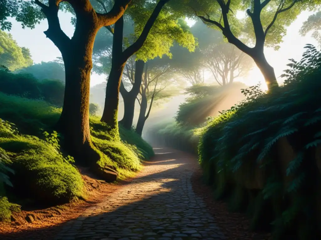 Sendero de adoquines iluminado por el cálido resplandor del atardecer en un bosque denso de árboles antiguos