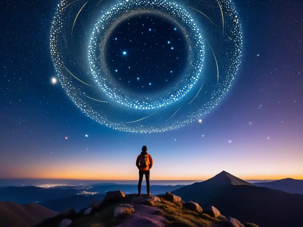 Un ser en la cima de una montaña rodeado de símbolos astrológicos, contemplando el universo