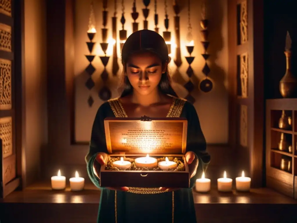 Un ser en un cuarto tenue rodeado de velas, con una caja de madera decorada