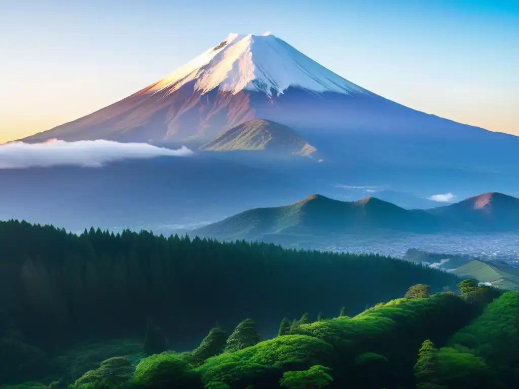 Un ser enigmático observa el majestuoso Monte Fuji al amanecer, entre bosques verdes