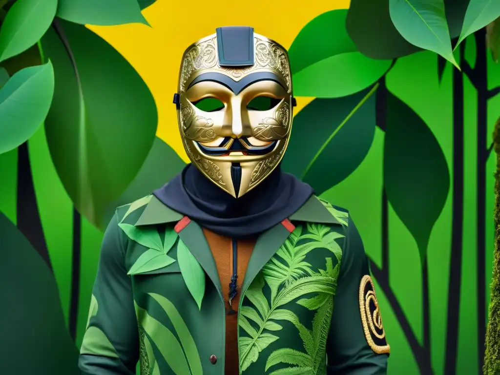 Un ser enmascarado en el bosque, experto en camuflaje para rituales de sociedades secretas