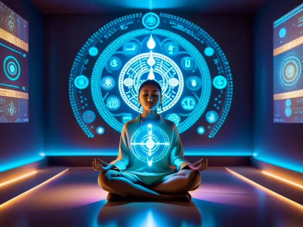 Un ser meditando en una habitación digitalizada con hologramas y símbolos espirituales, fusionando magia y tecnología para despertar