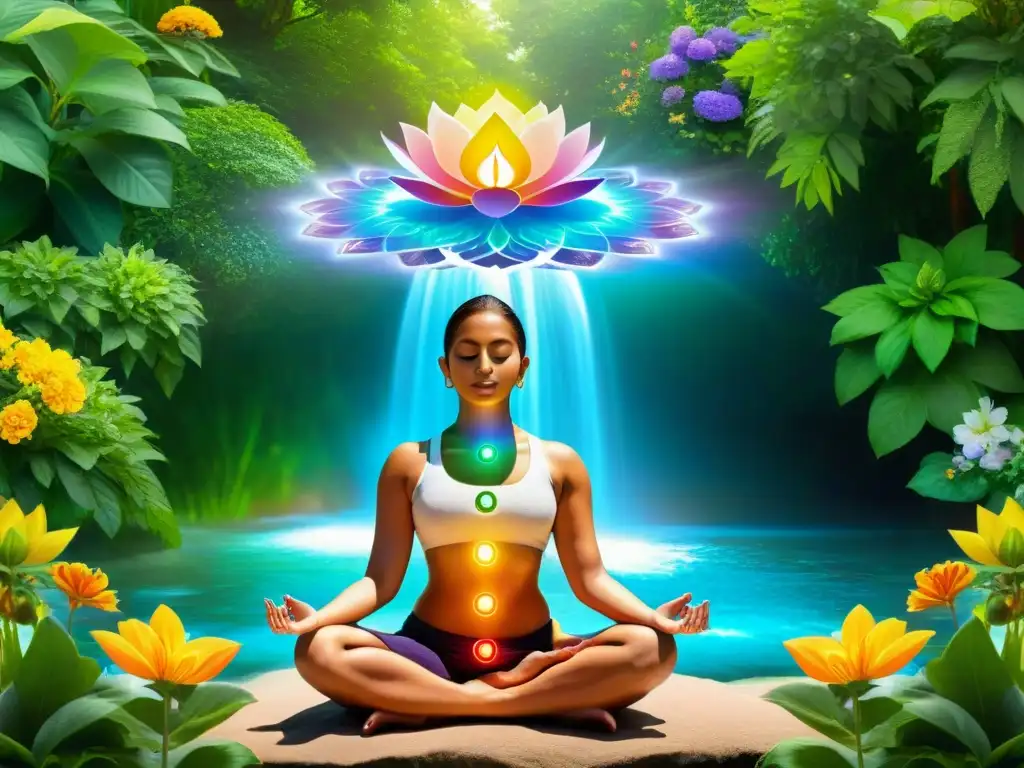 Un ser meditando en un jardín sereno con chakras según enseñanzas rosacruces