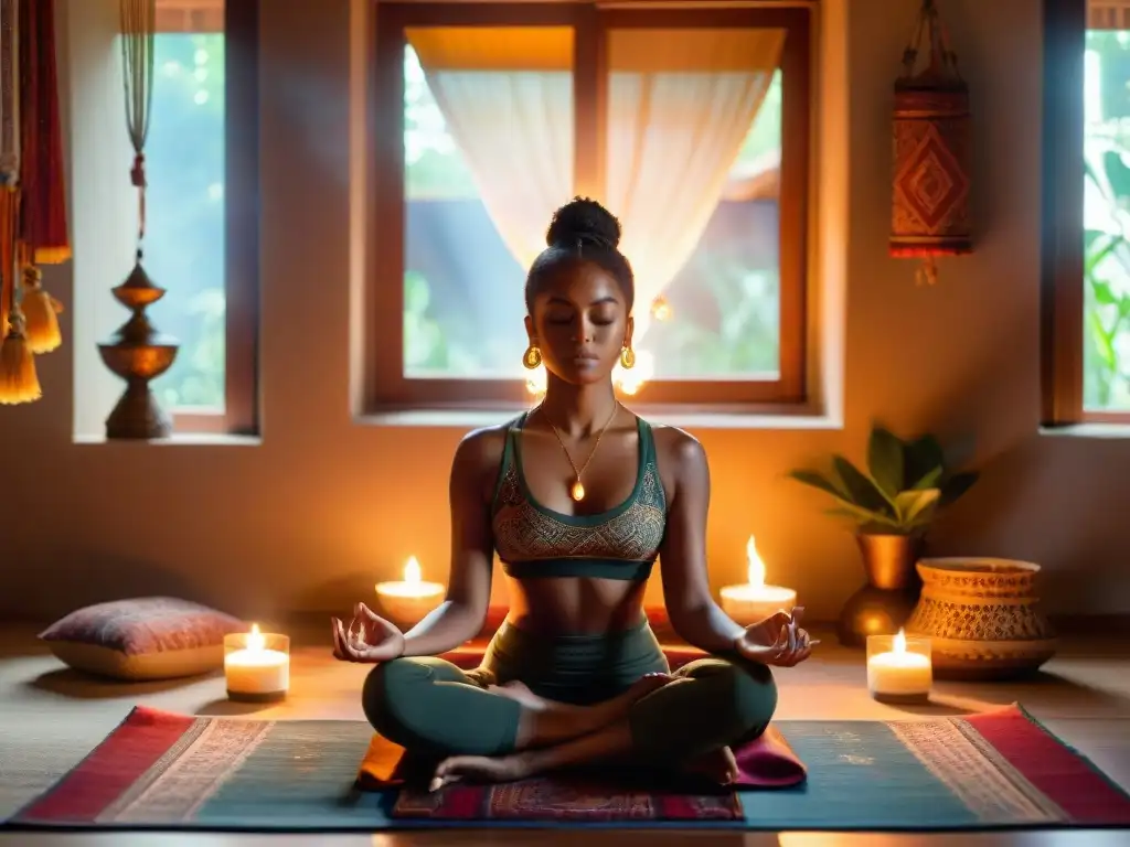 Un ser en meditación profunda entre velas y mantras, en un espacio sagrado y mágico