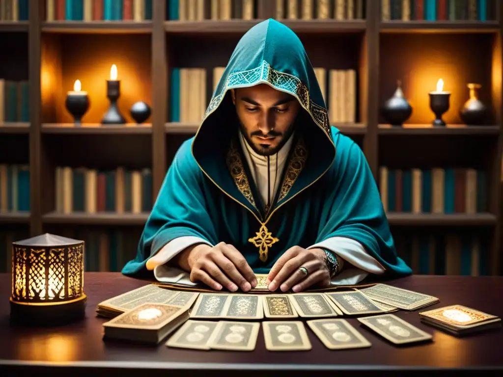 Un ser misterioso en capa con símbolos, manos sobre el tarot iluminado