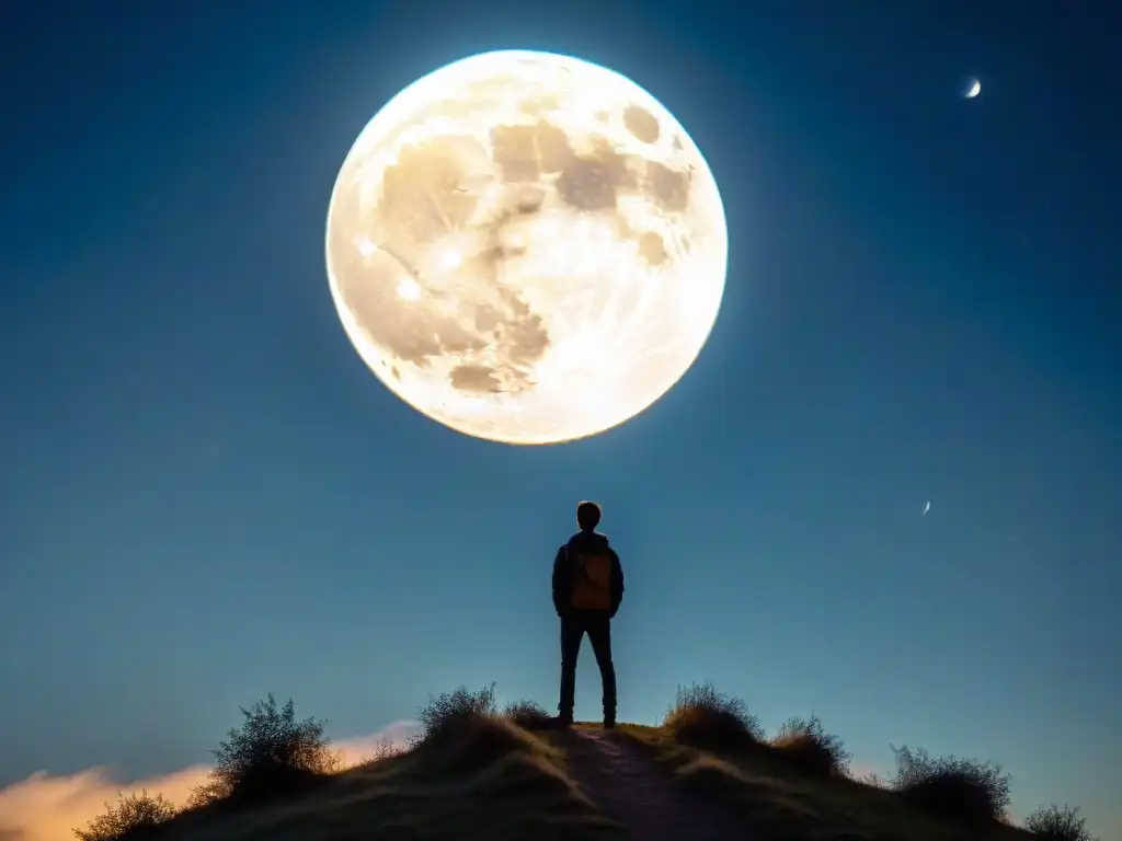 Un ser contempla los Nodos Lunares en la noche misteriosa, conectando con su evolución personal