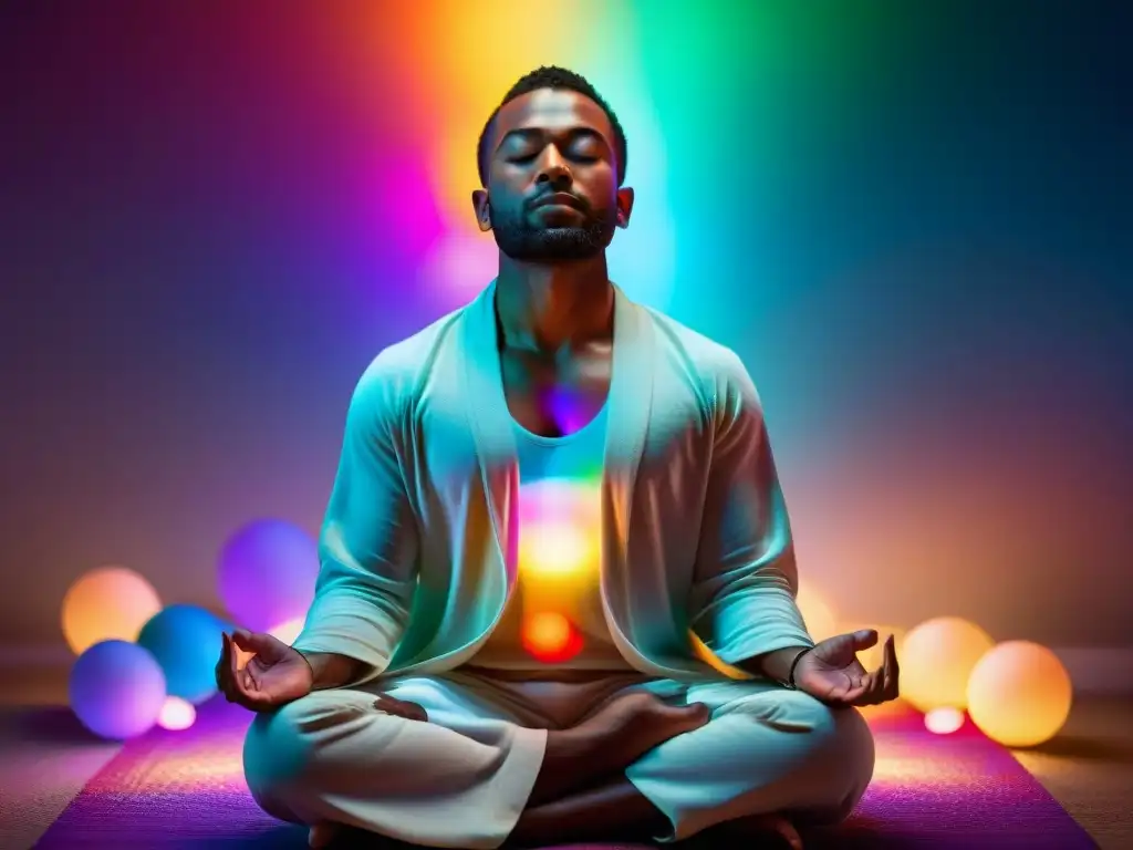 Meditación serena con luces de colores, ilustrando la terapia de color para mejorar el bienestar