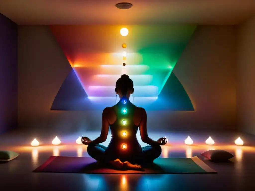 Meditación en habitación serena con persona en posición de loto rodeada de luces de los chakras