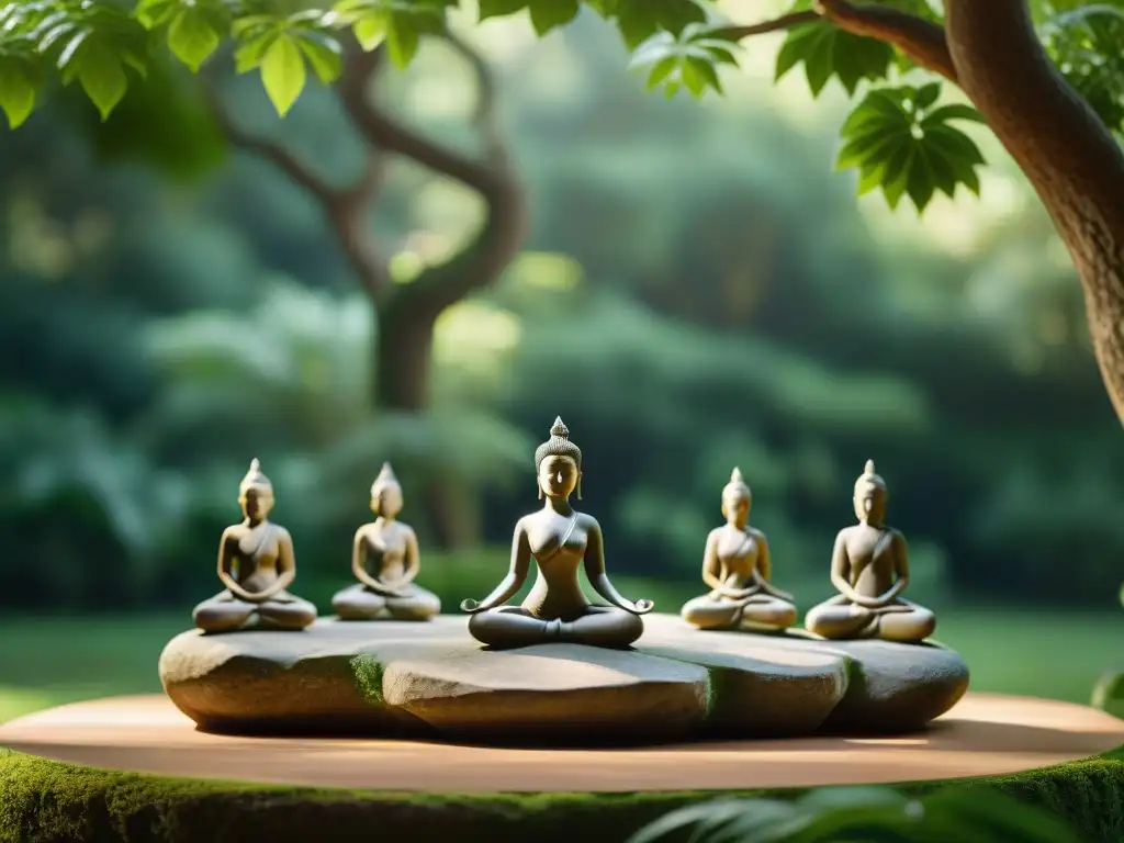 Serenidad ancestral: escultura de piedra con personas en poses de yoga, en un entorno verde y tranquilo