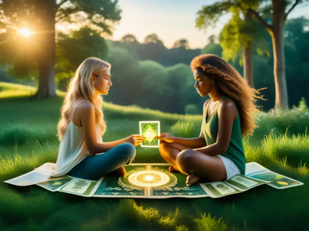 Mejorar conexión seres queridos tarot: Dos personas en un prado verde, concentradas en una lectura de Tarot al atardecer