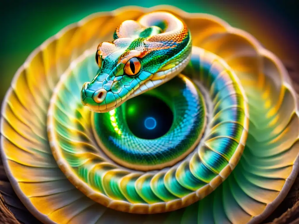 Una serpiente vibrante rodea un centro de energía mística en la base de la columna, simbolizando rituales serpiente Kundalini esotéricos