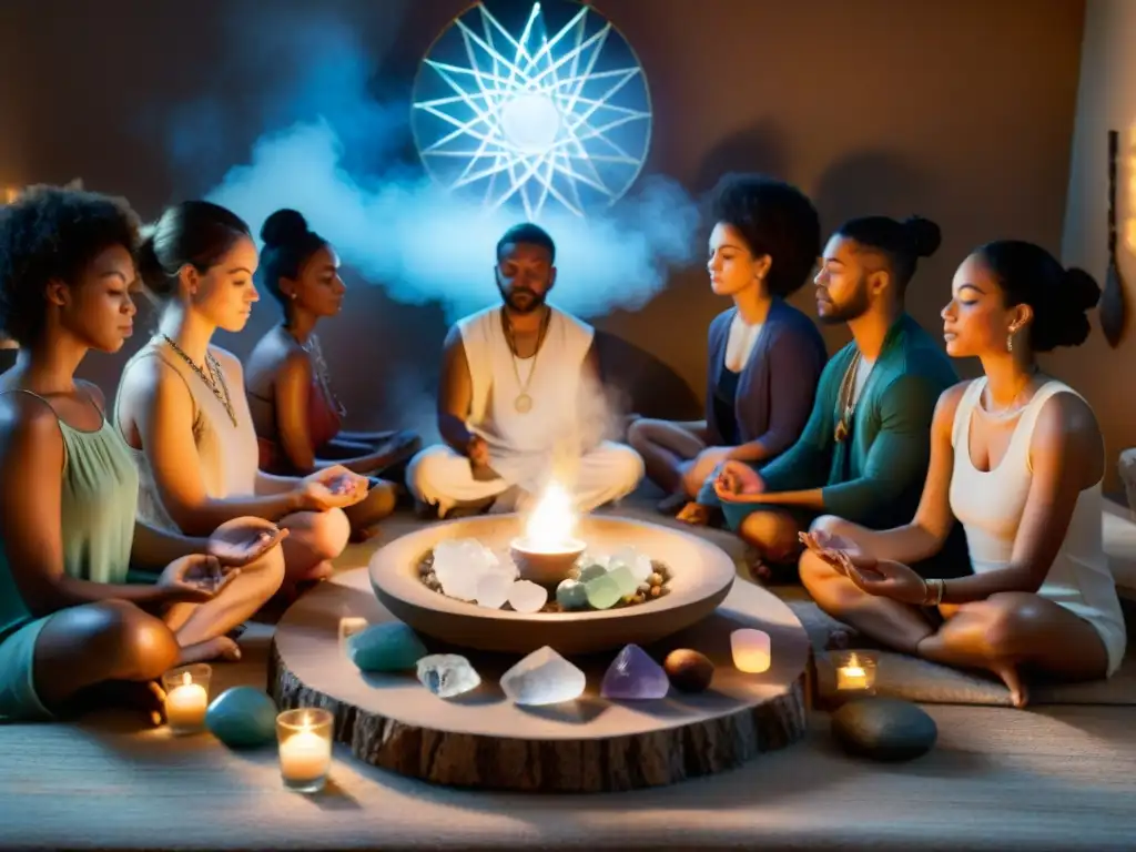 Sanación espiritual con cristales: conexión mística en grupo Una sesión de sanación con cristales en un ambiente místico y tranquilo