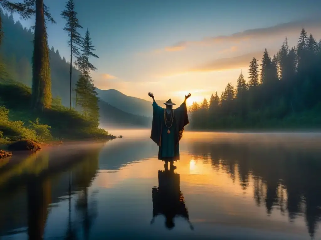 Un shaman en un bosque místico al amanecer, realizando un ritual chamánico de sanación espiritual junto a un lago sereno