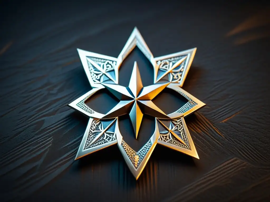 Shuriken ninja: letal precisión en detalle Un shuriken ninja detallado y letal sobre fondo oscuro