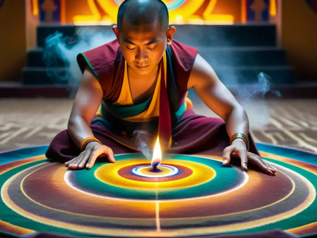 Significado esotérico del mandala: Monje tibetano creando un mandala de arena colorido rodeado de velas y humo de incienso en un templo iluminado