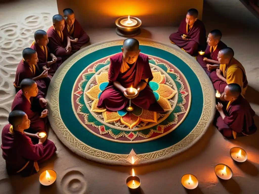 Significado esotérico del mandala: Monjes tibetanos crean un intrincado mandala de arena en un templo iluminado por velas