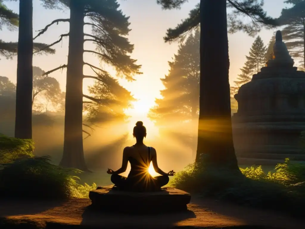 Silueta meditando al amanecer en bosque místico, templo antiguo al fondo