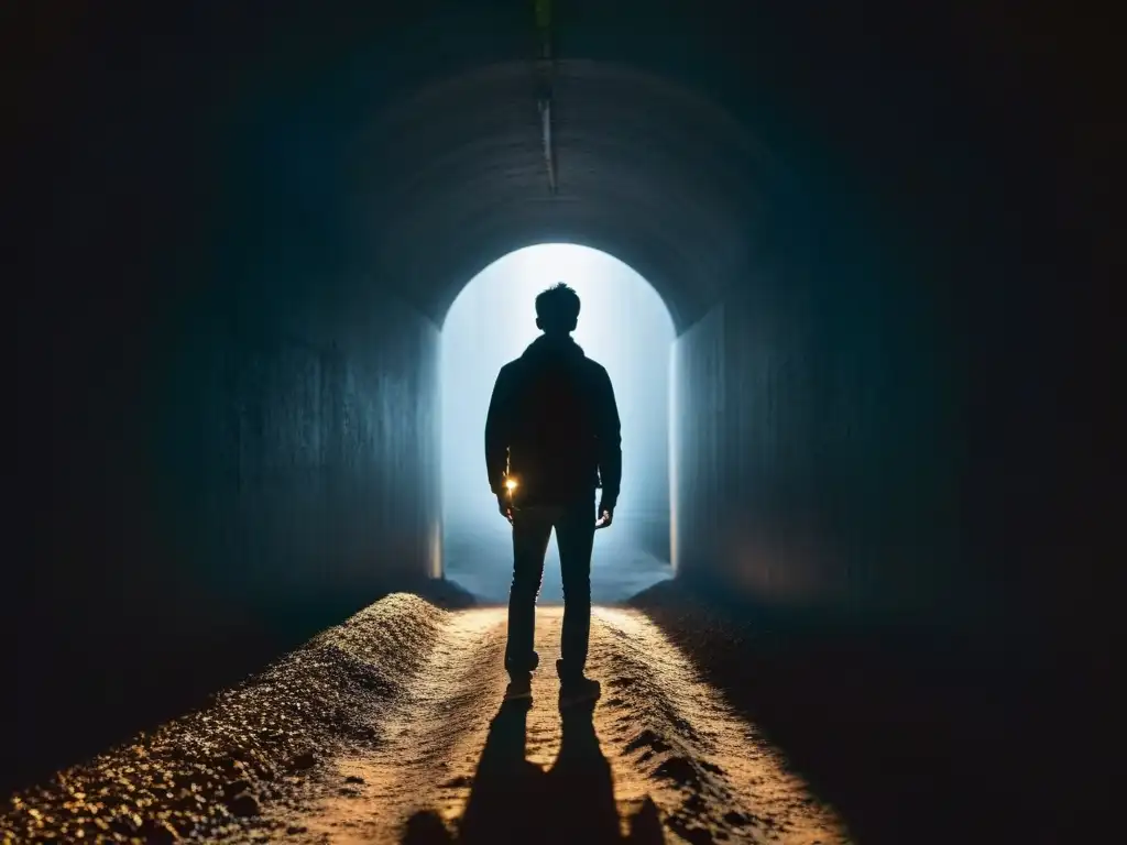 Silueta en la entrada de un túnel oscuro con luz al fondo, simbolizando proceso emocional dejar comunidad oculta