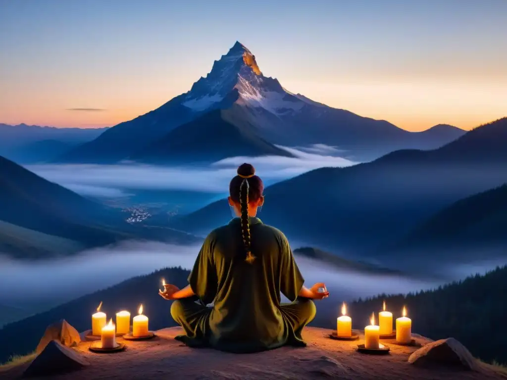 Silueta meditando al amanecer en la montaña, rodeada de velas e incienso