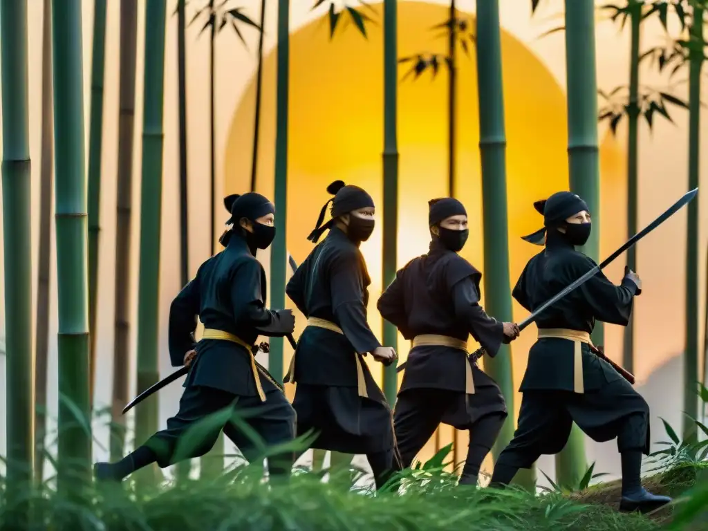 Siluetas de Ninja en un bosque de bambú al atardecer, mostrando la influencia de los Ninja japoneses