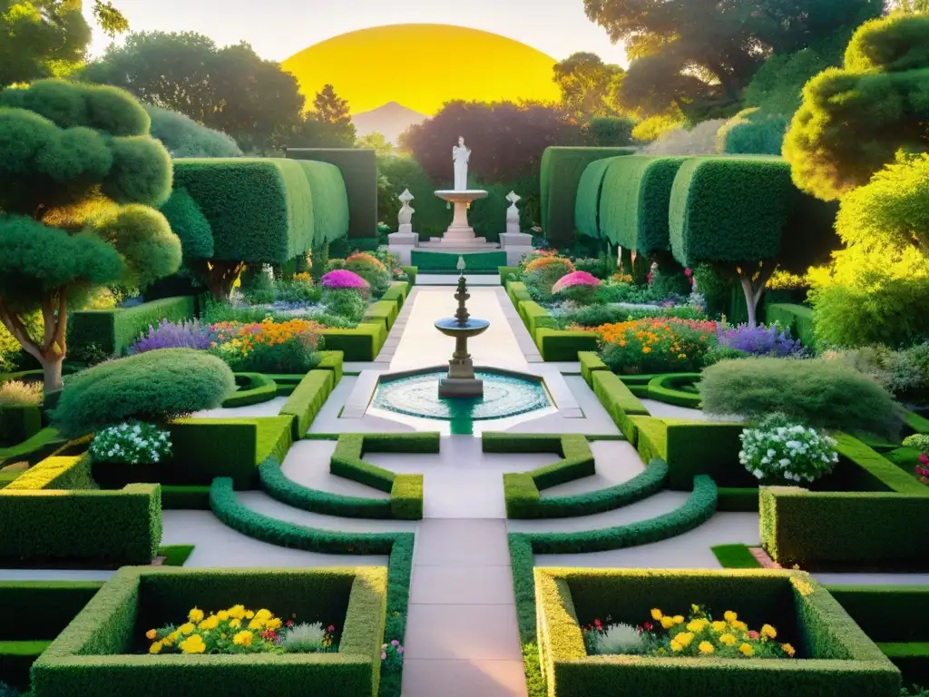 Un jardín rosacruz simbolismo encantador con flores coloridas y senderos místicos al atardecer