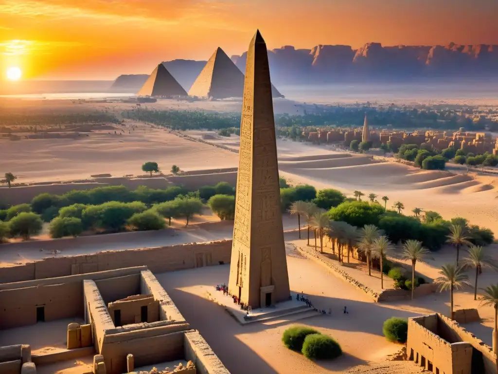 Simbolismo y misterios en la majestuosa imagen del obelisco de Luxor al atardecer, historia egipcia visible en sus jeroglíficos