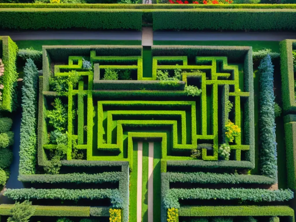 Jardín laberíntico con simbolismos y mensajes ocultos en exuberante vegetación y flores coloridas