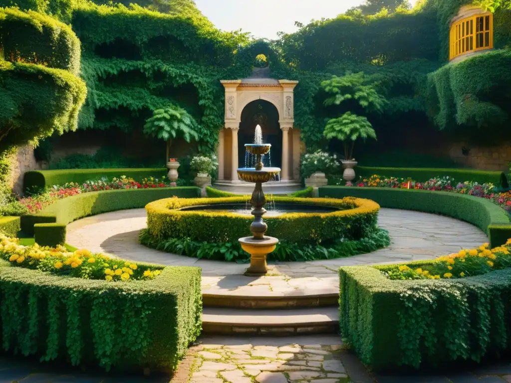 Jardín histórico con simbolismos y mensajes ocultos, flores vibrantes y estatuas misteriosas, bañado en luz dorada