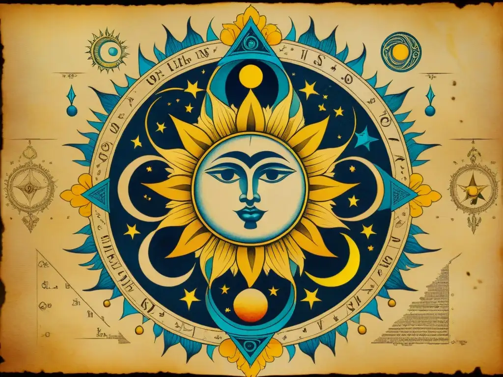 Símbolo alquímico detallado en pergamino envejecido, unión de sol y luna con elementos celestiales, emitiendo un resplandor místico