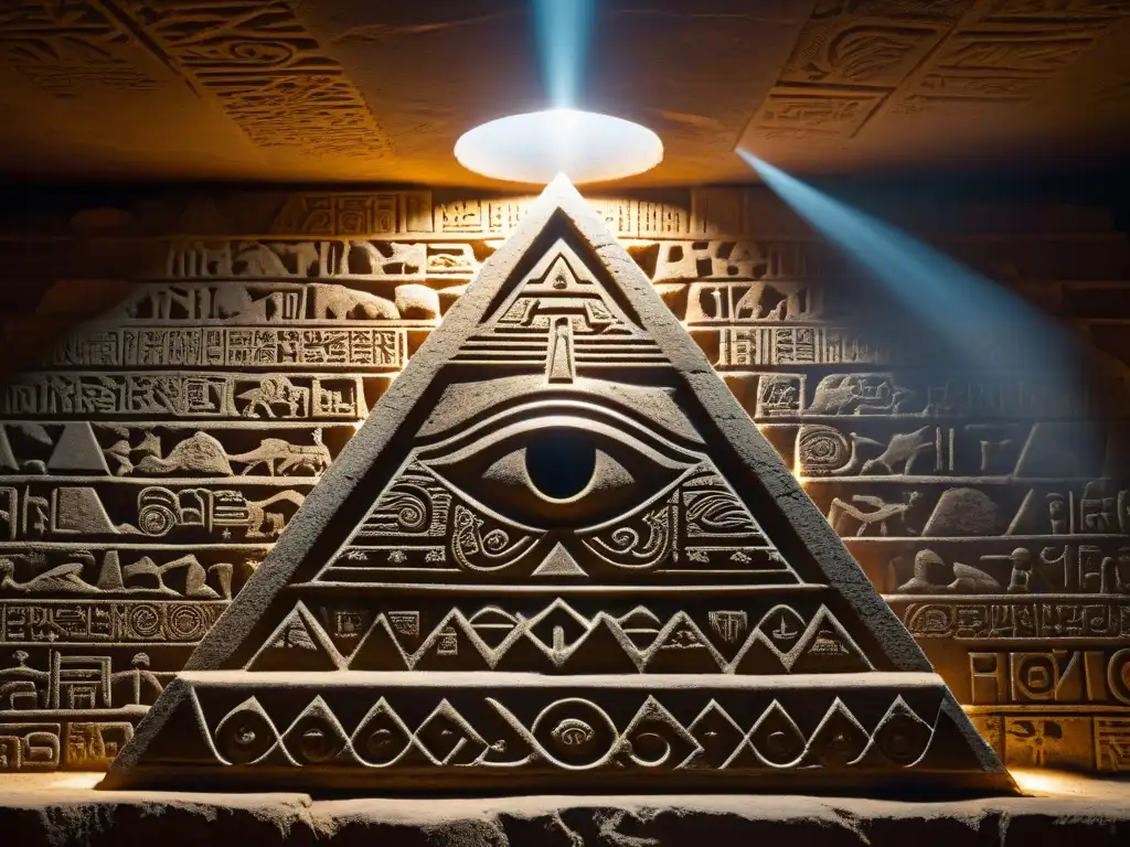 Símbolo antiguo de los Illuminati en una pared de piedra iluminada en una misteriosa habitación polvorienta