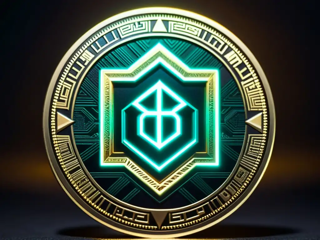 Moneda criptográfica futurista con símbolo místico Símbolo criptográfico de criptomoneda moderna con simbolismos esotéricos intrincados en una moneda metálica futurista