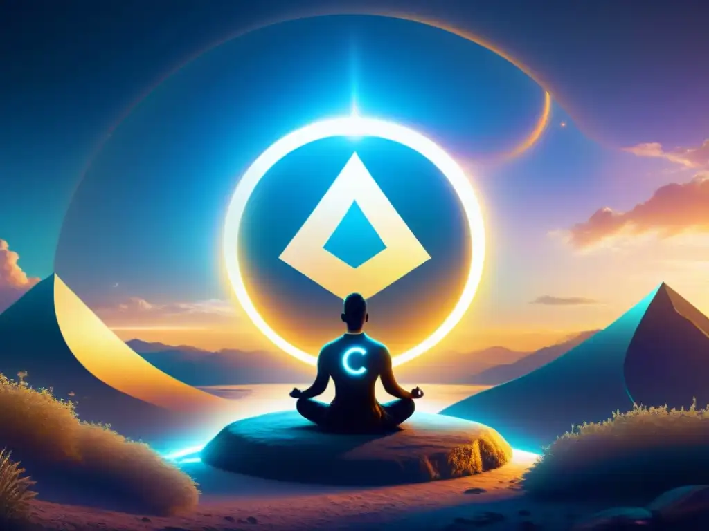 Un símbolo de criptomoneda iluminado flota sobre un grupo meditando en un paisaje futurista, fusionando misticismo y tecnología