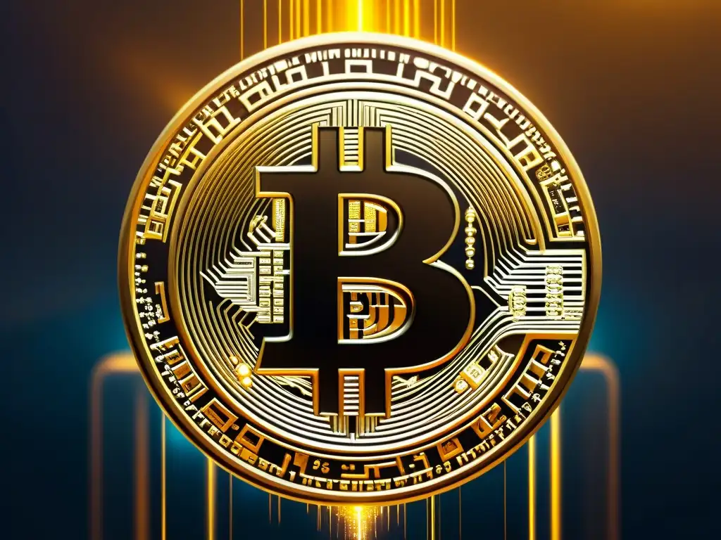 Bitcoin dorado entrelazado con símbolos esotéricos: fusión mística Un símbolo dorado de bitcoin se entrelaza con simbolismos esotéricos en un paisaje digital futurista
