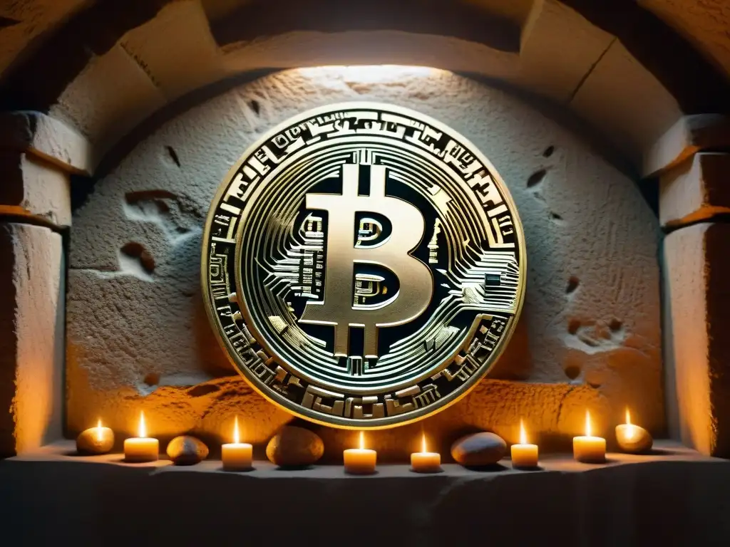 Simbología Bitcoin envuelta en misterios esotéricos en una cámara subterránea iluminada por antorchas