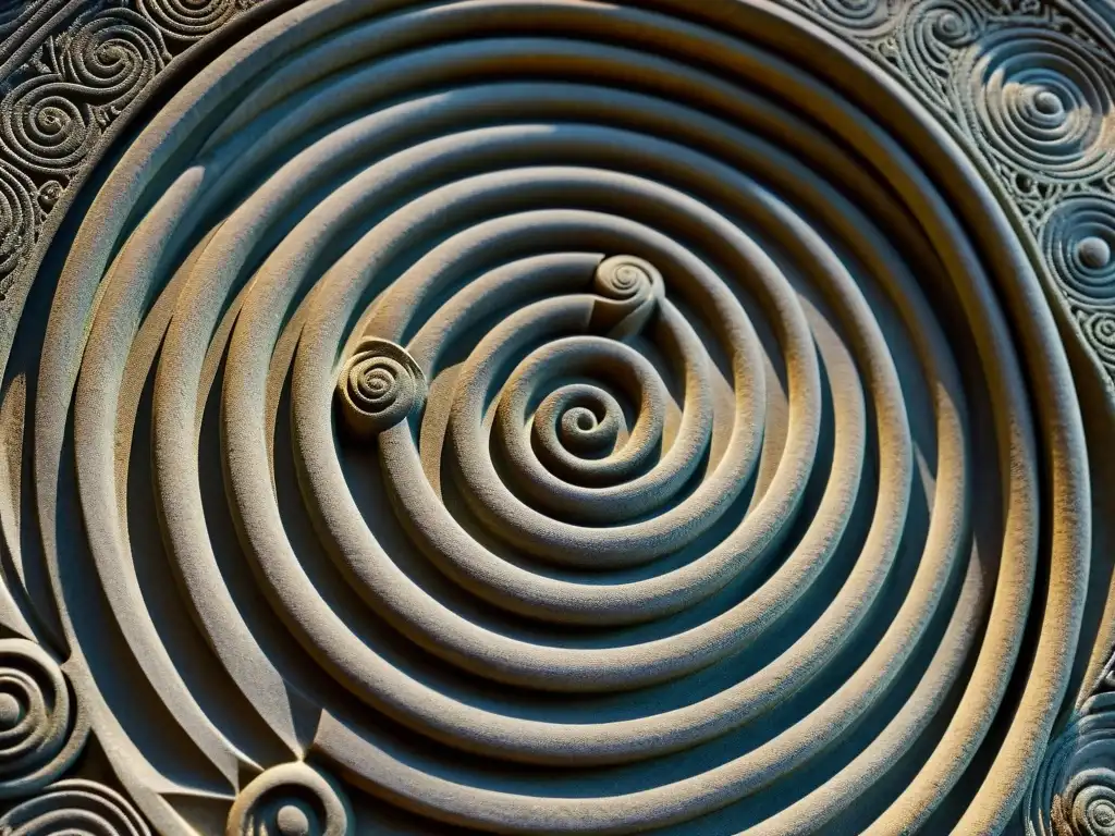 Símbolos de la espiral misteriosa en monumento de piedra envejecida con intrincados detalles históricos