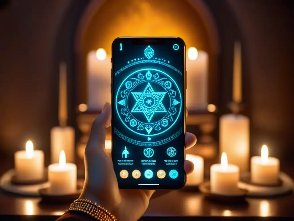 Un smartphone muestra una app esotérica con rituales ancestrales en una habitación mística