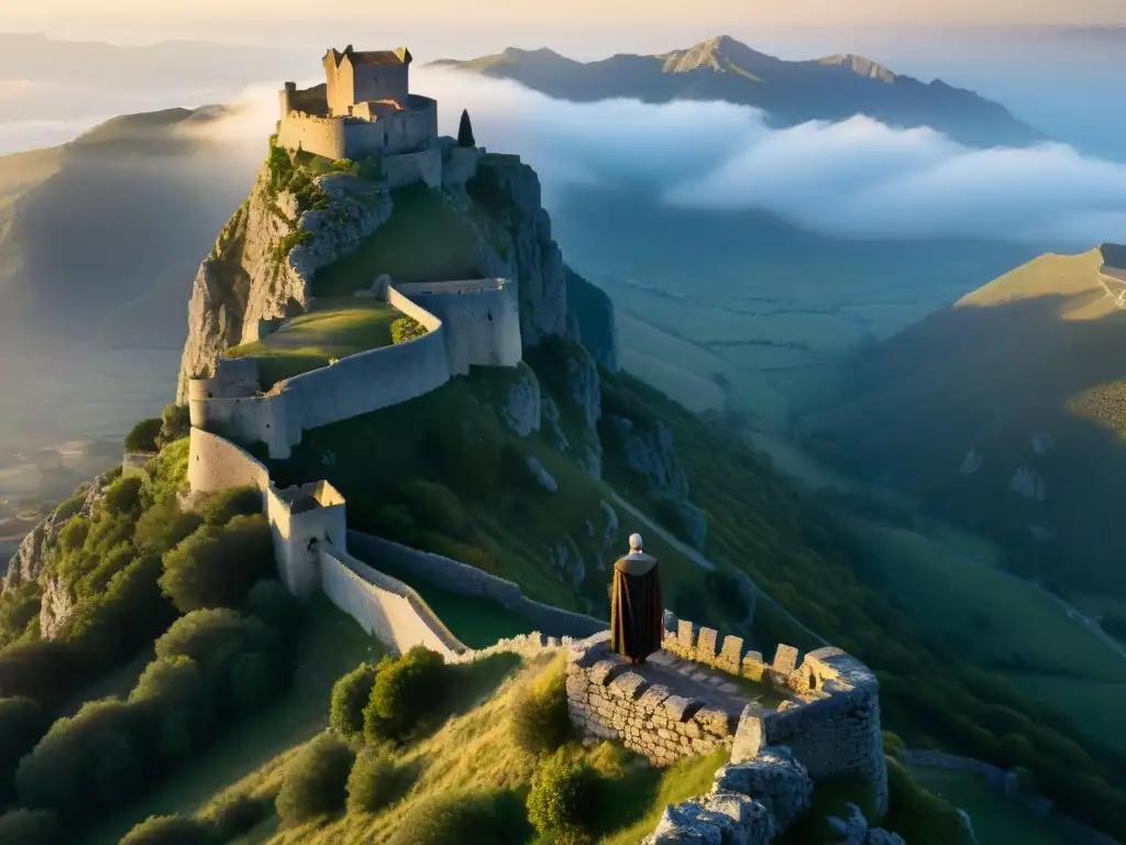 Sociedad secreta cátaros influencia: Ruinas del Castillo de Montségur envueltas en misterio al amanecer, entre las montañas pirenaicas