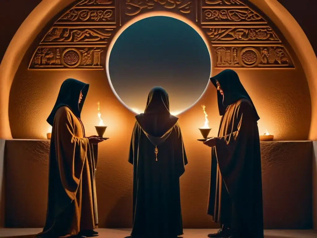 Ritual misterioso bajo la luz de una vela en la cámara de las sombras Una sociedad secreta en la penumbra, rodeada de símbolos de Júpiter, evocando misterio y poder ancestral