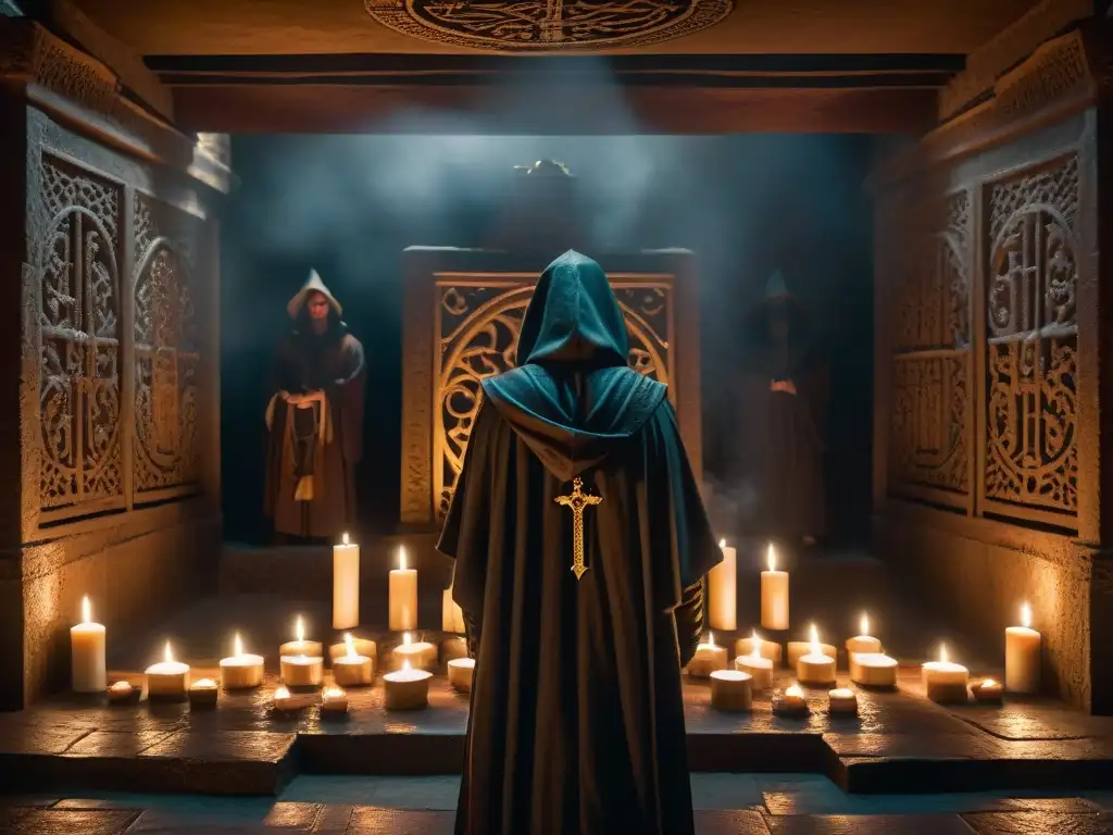 Sociedad secreta realiza ritual de magia negra en cámara subterránea iluminada por velas