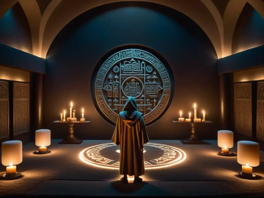 Ritual secreto de resolución: misterio y solemnidad Una sociedad secreta realiza un ritual en una habitación lúgubre con símbolos antiguos y velas