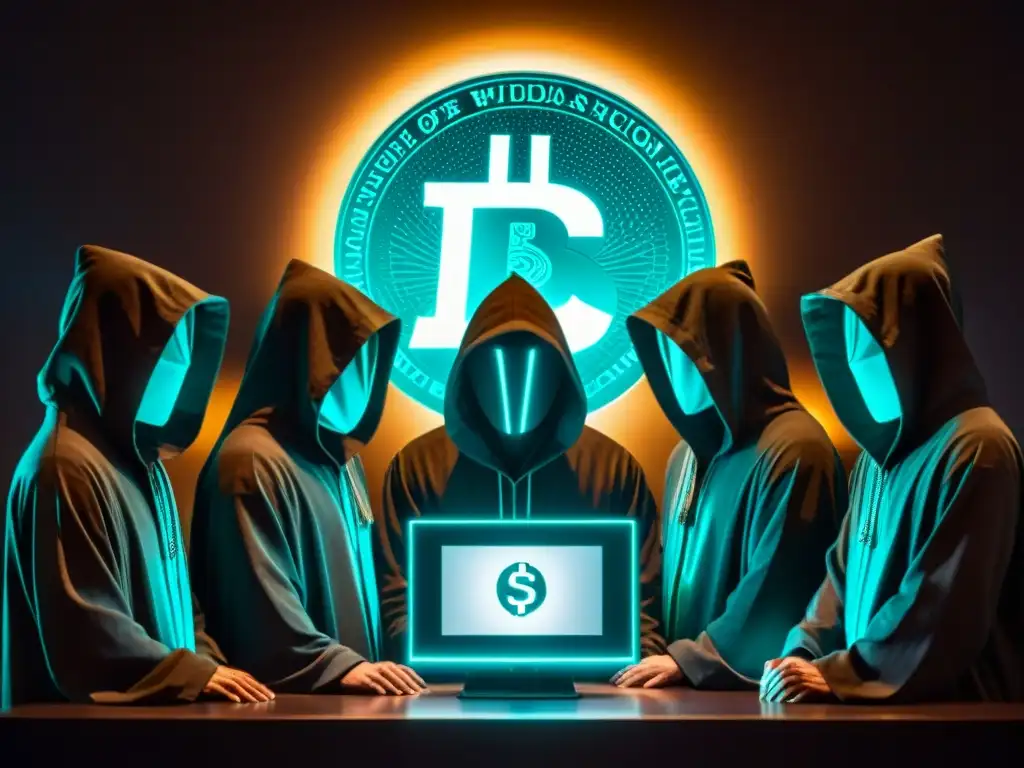 Sociedad secreta realizando transacción con criptomonedas en la penumbra