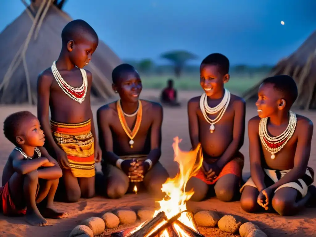 Iniciación en sociedades secretas africanas: Jóvenes en ritual tribal alrededor de fogata