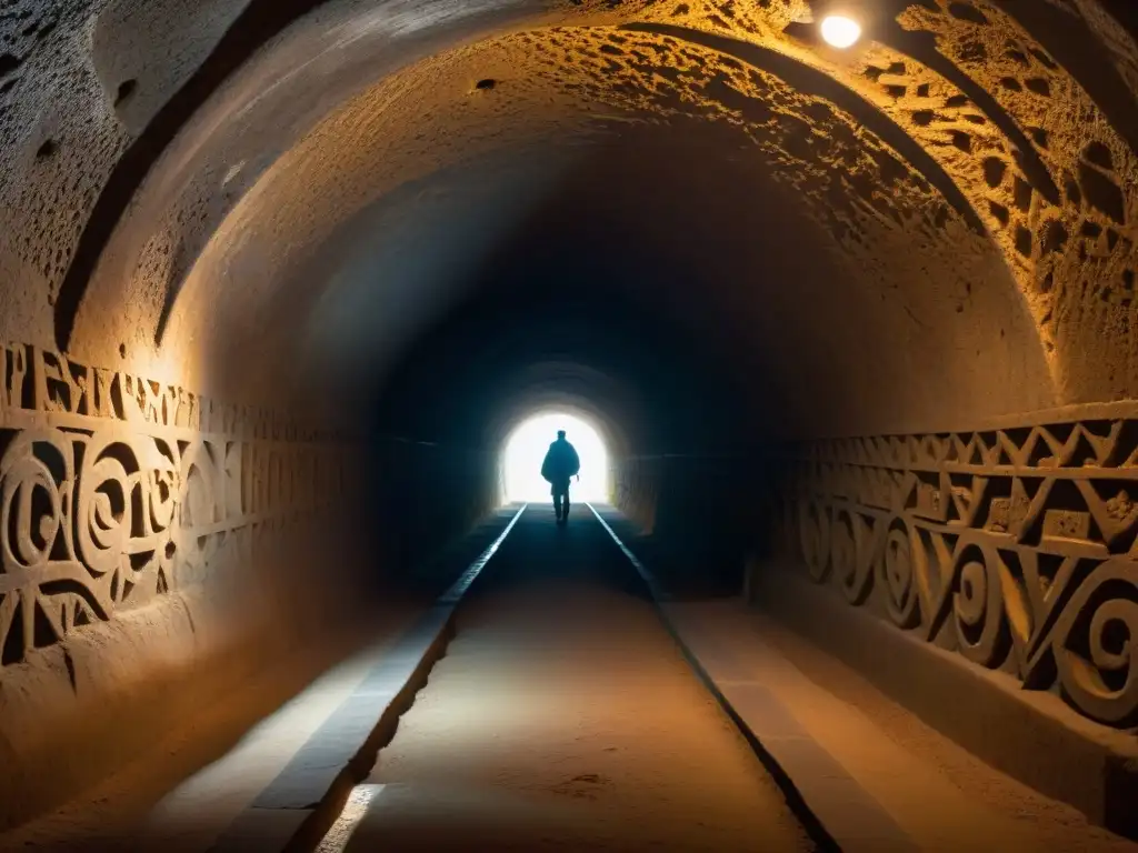 Sociedades secretas en Santiago: Antiguo túnel subterráneo iluminado tenuemente con símbolos tallados en las paredes y sombras misteriosas