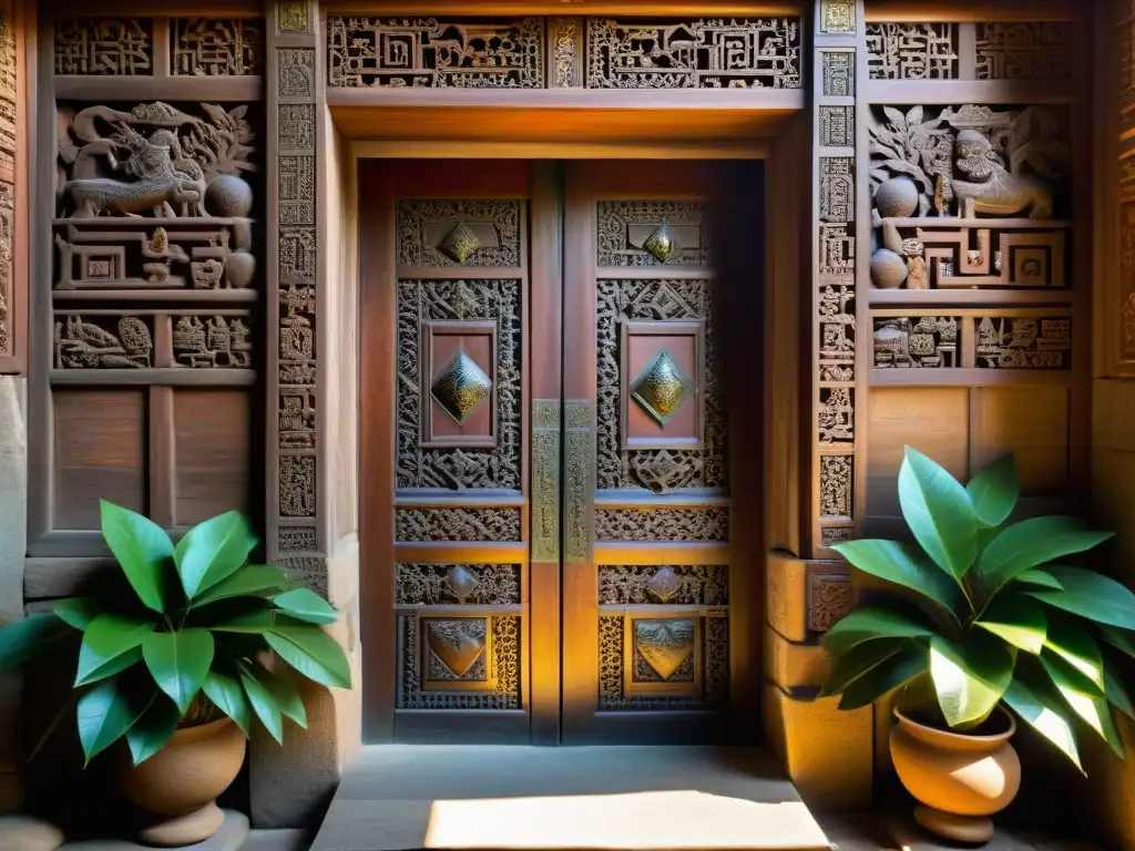 Portal misterioso en templo asiático Sociedades secretas asiáticas misterios: Puerta de madera ornamental con símbolos en templo antiguo de Asia, bañada por la luz entre la vegetación