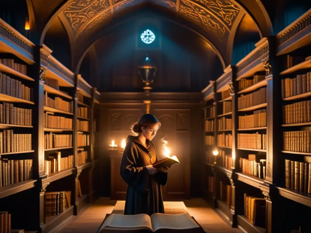 Sociedades secretas: en una biblioteca antigua, un individuo estudia un libro rodeado de misterio