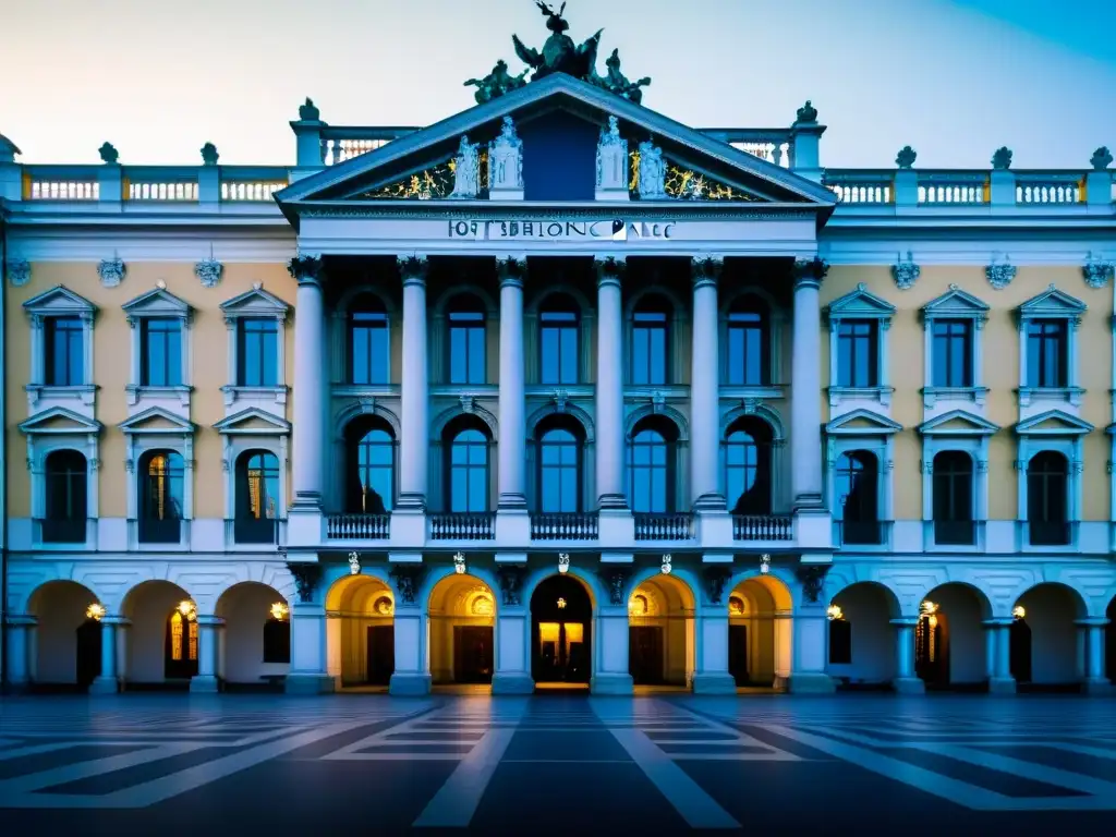 Sociedades secretas en Viena: Detalles arquitectónicos misteriosos del Palacio de Hofburg al anochecer, con figura en sombras