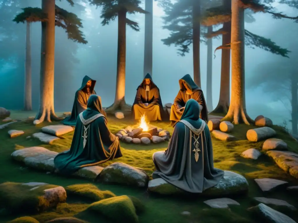 Sociedades secretas druidas influencia Europa: grupo de druidas en un bosque místico con antiguas ruinas y antorchas encendidas bajo la luz de la luna