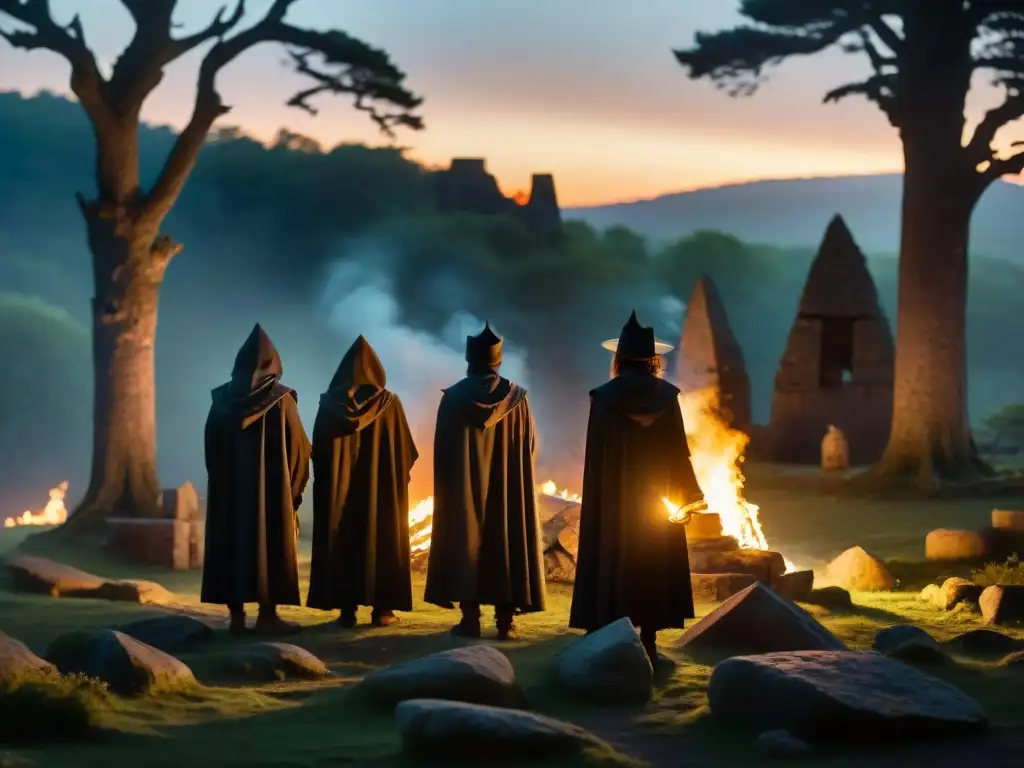 Sociedades secretas druidas en misterioso bosque con antorchas al atardecer